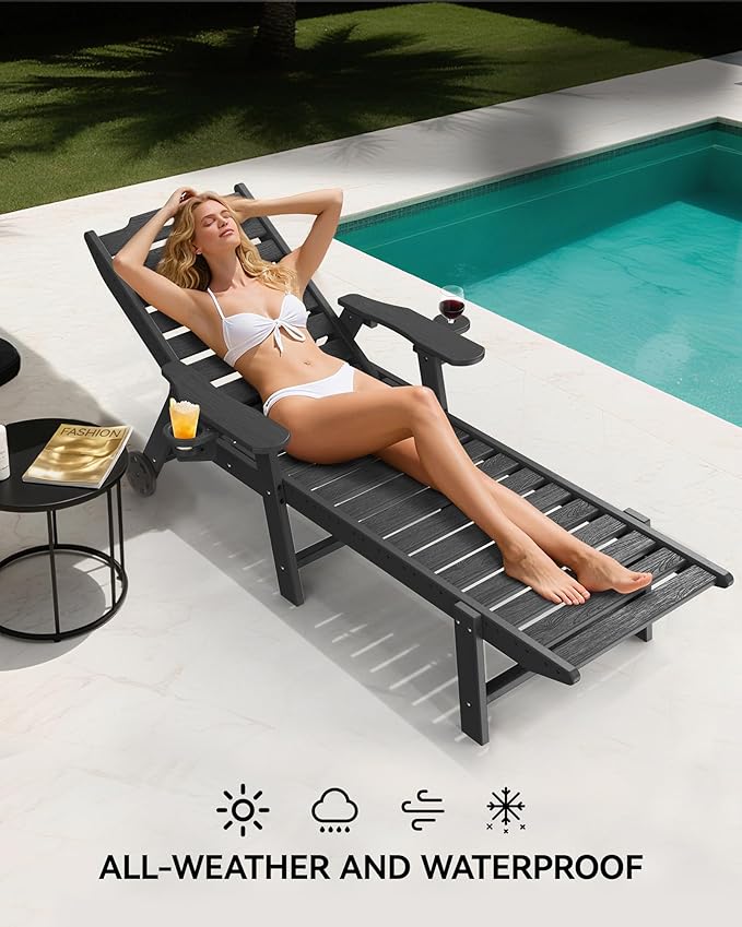 Carauci Lounge Chair Outdoor Set of 2, HDPE Chaise Lounge with Wheels, 5-Posi...