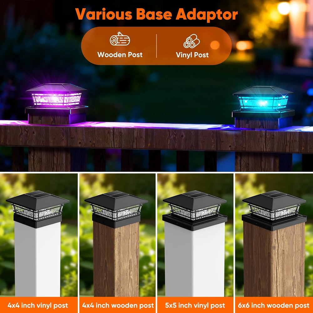 Solar Post Cap Lights Outdoor 8 RGB Solid Colors & Color Changing