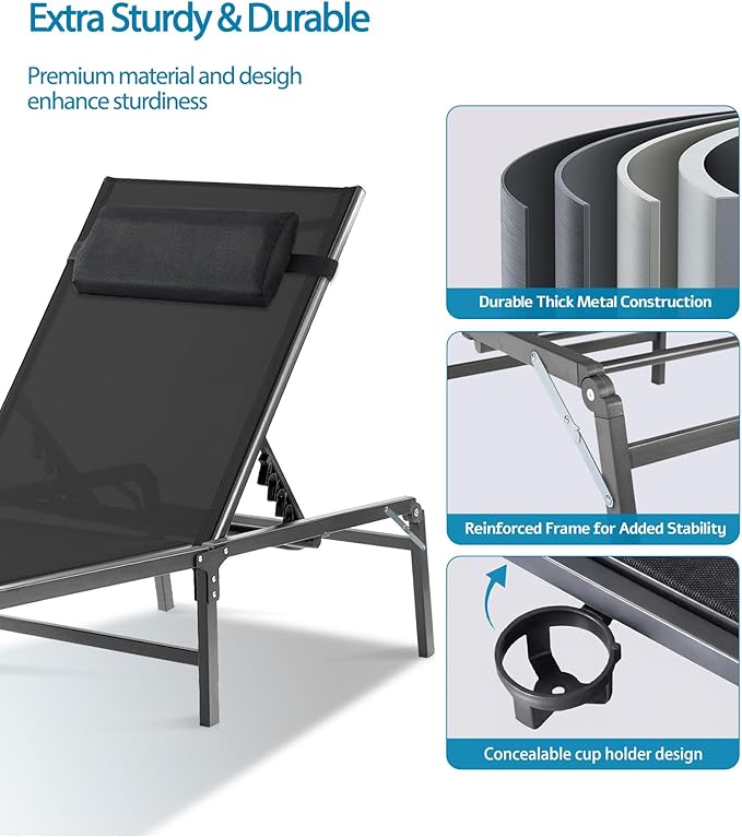 2 Pack Foldable Chaise Lounge Chair with Cup Holder, Assemble-Free Outdoor Lo...