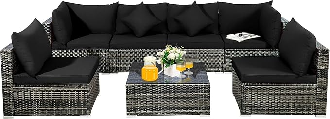 Tangkula 7 Pieces Patio Rattan Furniture Set, Patiojoy Outdoor Conversation S...