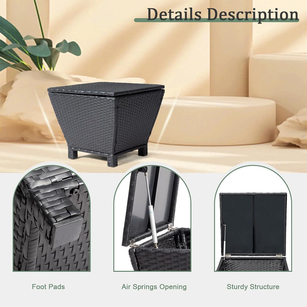 Outvita Black Rattan Outdoor Storage Side Table, 13 Gallon Box with Lid