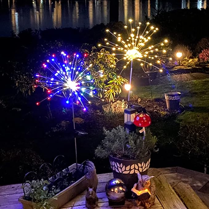 FOOING 4 Pcs Solar Garden Lights Solar Firework Lights Waterproof, 120 LED St...