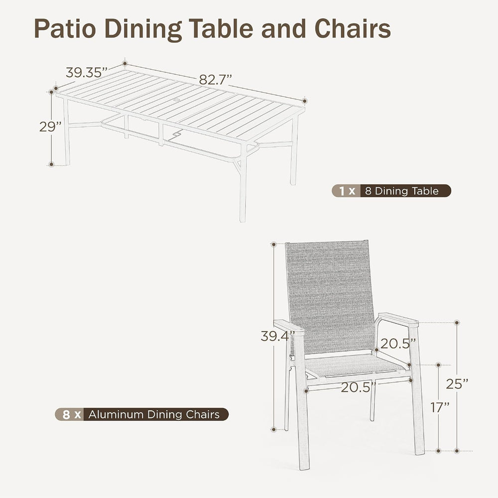 PHI VILLA Outdoor Dining Set for 8 w/Metal Table & Aluminum Chairs, Grey