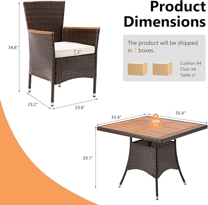 RoyalCraft 5 Piece Patio Wicker Dining Sets for 4, Water-Resistant Rattan Out...