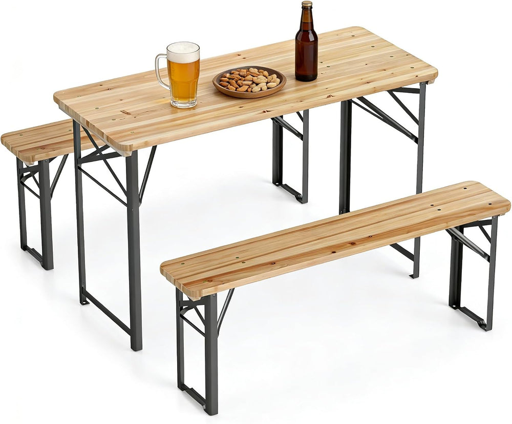COSTWAY Folding Picnic Table, Foldable Fir Wood Picnic Table with Benches