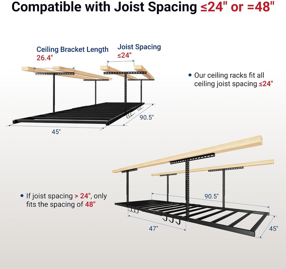 FLEXIMOUNTS 4x8 Overhead Garage Storage Rack with 6 Hooks, 2 Pack, Black