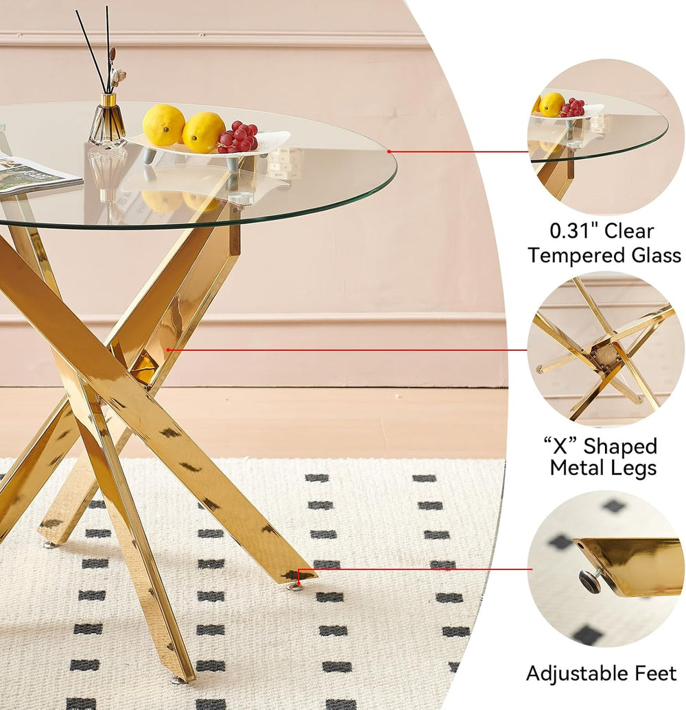 36" Modern Gold Glass Dining Room Table Set for 2, 3-Piece Round Kitchen...