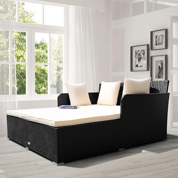 COSTWAY Outdoor Patio Rattan Daybed, Sponge Cushioned Loveseat Sofa with 4 Pi...