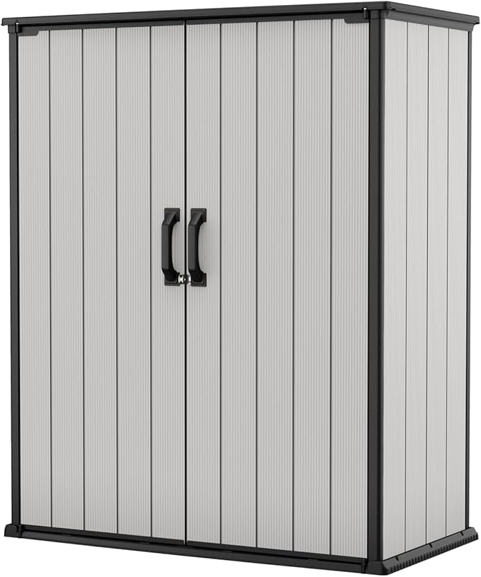 Keter Premier Tall 4.6 x 5.6 ft. Resin Outdoor Storage Shed with Shelving Brackets for Patio Furniture, Pool Accessories, and Bikes, Grey & Black