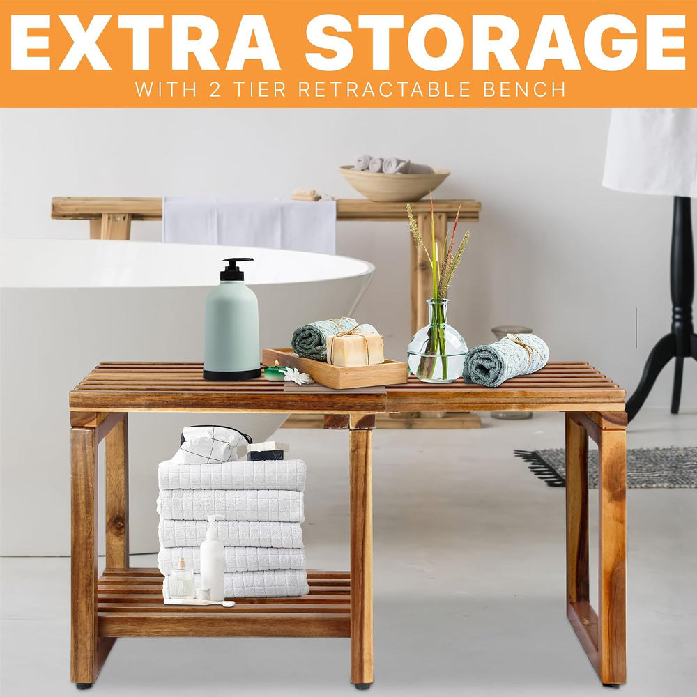 Adjustable Length 29 Inches Shower Stool Bench Chair Waterproof with Storage ...