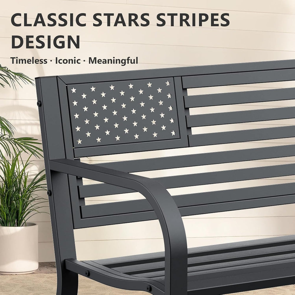 Outdoor Garden Bench with Classic Stars and Stripes Metal Backrest 2 Pack, Me...