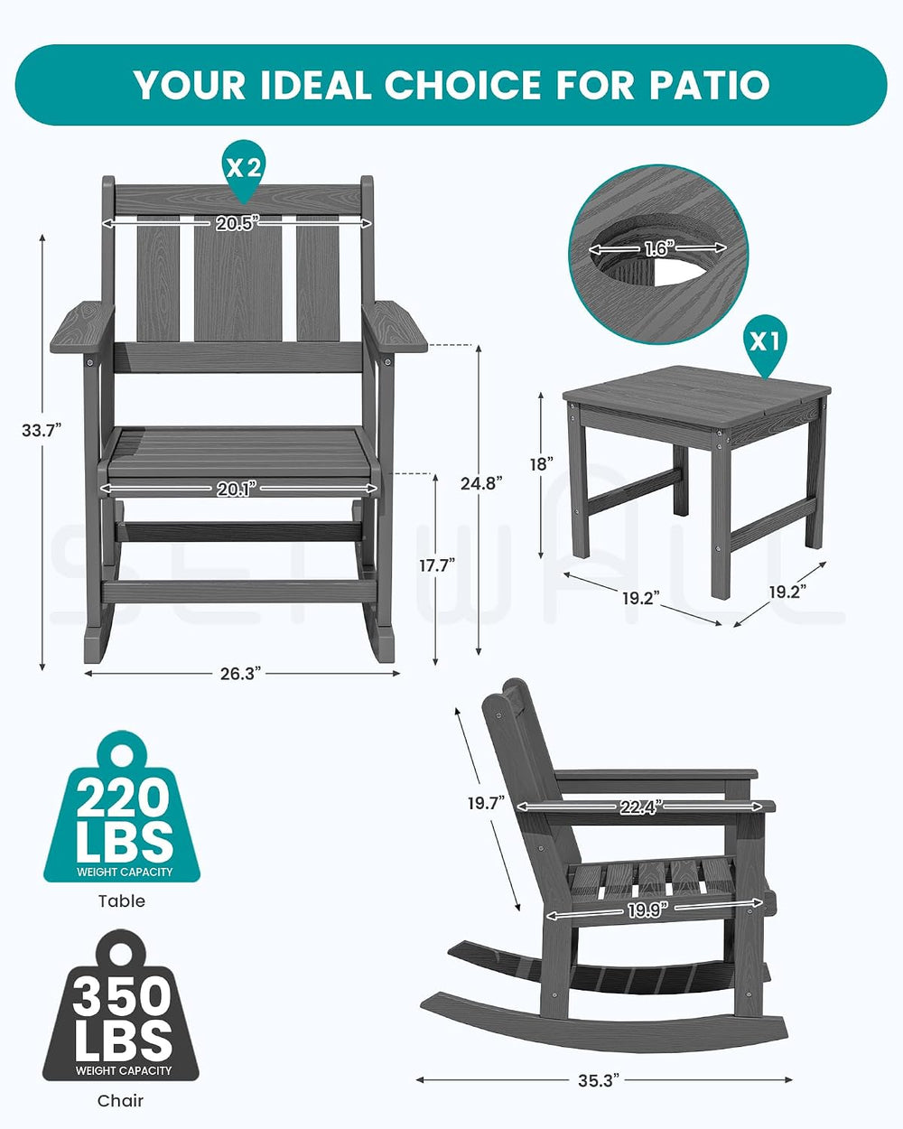 SERWALL 3-Piece Patio Furniture Set with 2 Rocking Chairs & Table, Grey