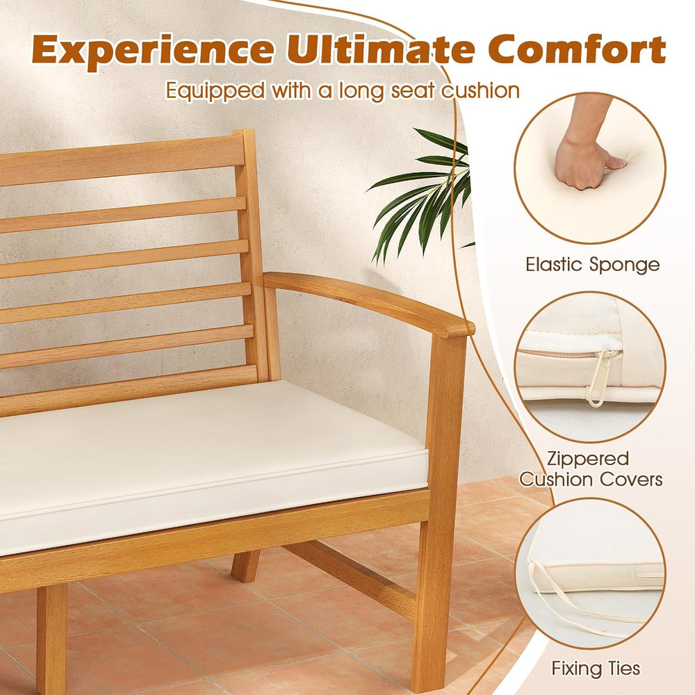 Tangkula 64 Inch Patio Acacia Wood Bench, 3-Seat Extra Long Chair with Cushio...