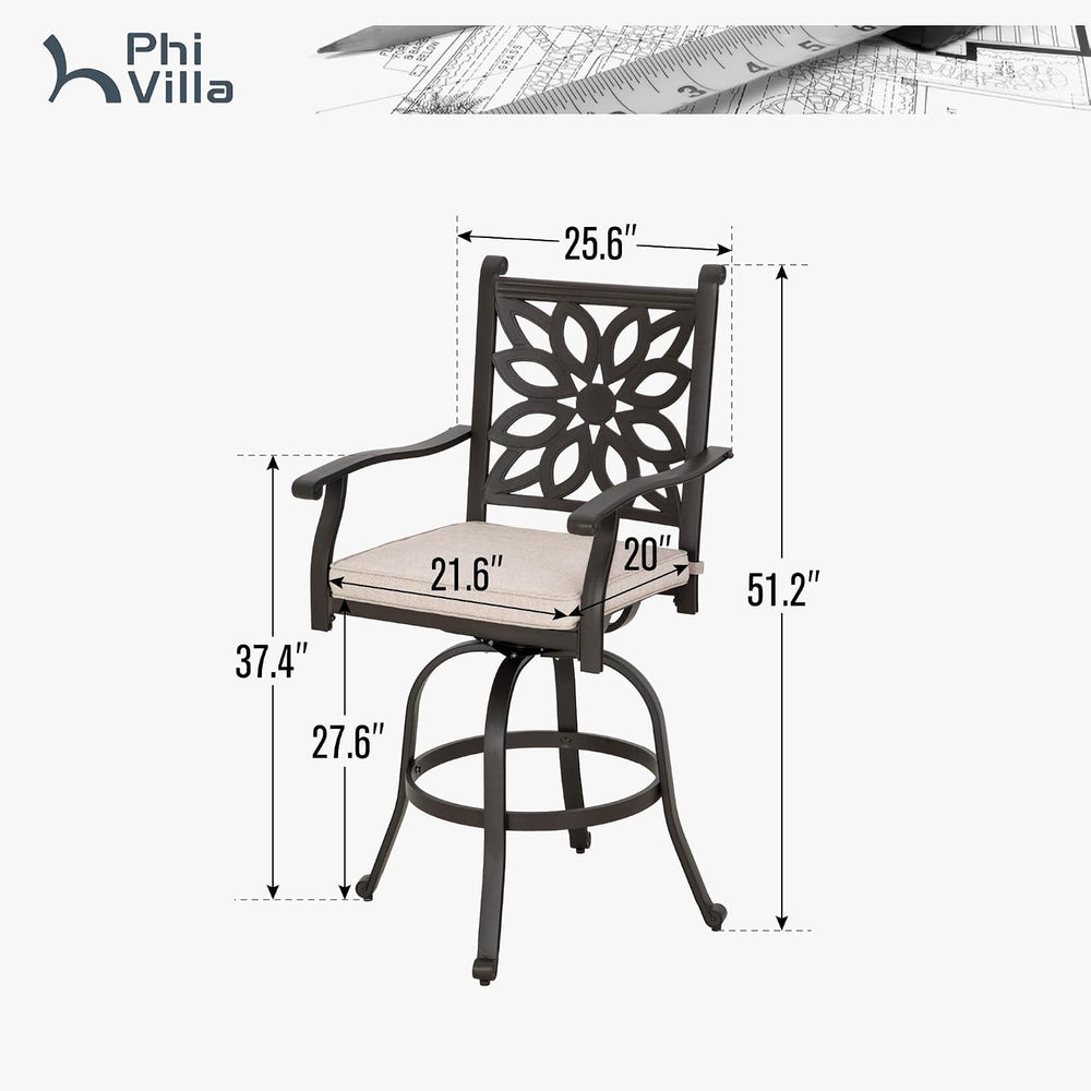 PHI VILLA Outdoor Bar Stools Swivel Set of 2,Cast Aluminum Patio Bar