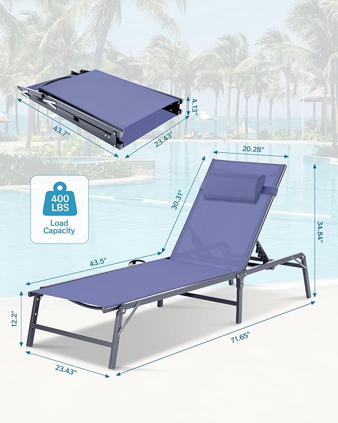 2 Pack Foldable Chaise Lounge Chair with Cup Holder, Assemble-Free Outdoor Lo...