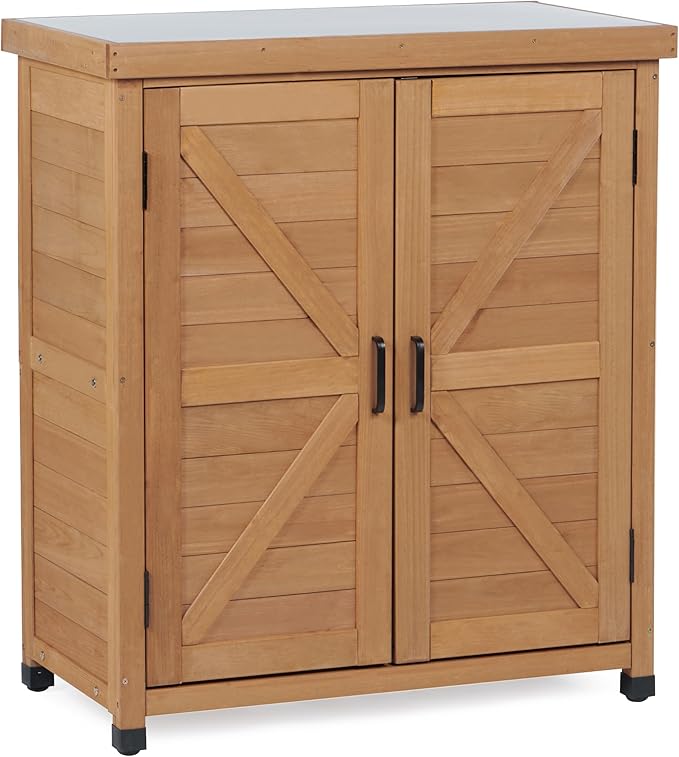 Outdoor Potting Bench with Storage Cabinet and Metal Top, Wood Workstation fo...