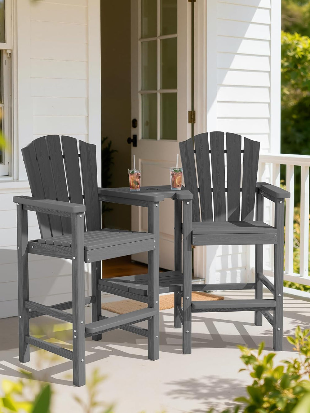 Tall Adirondack Chair Set of 2 with Double Connecting Trays, Gray