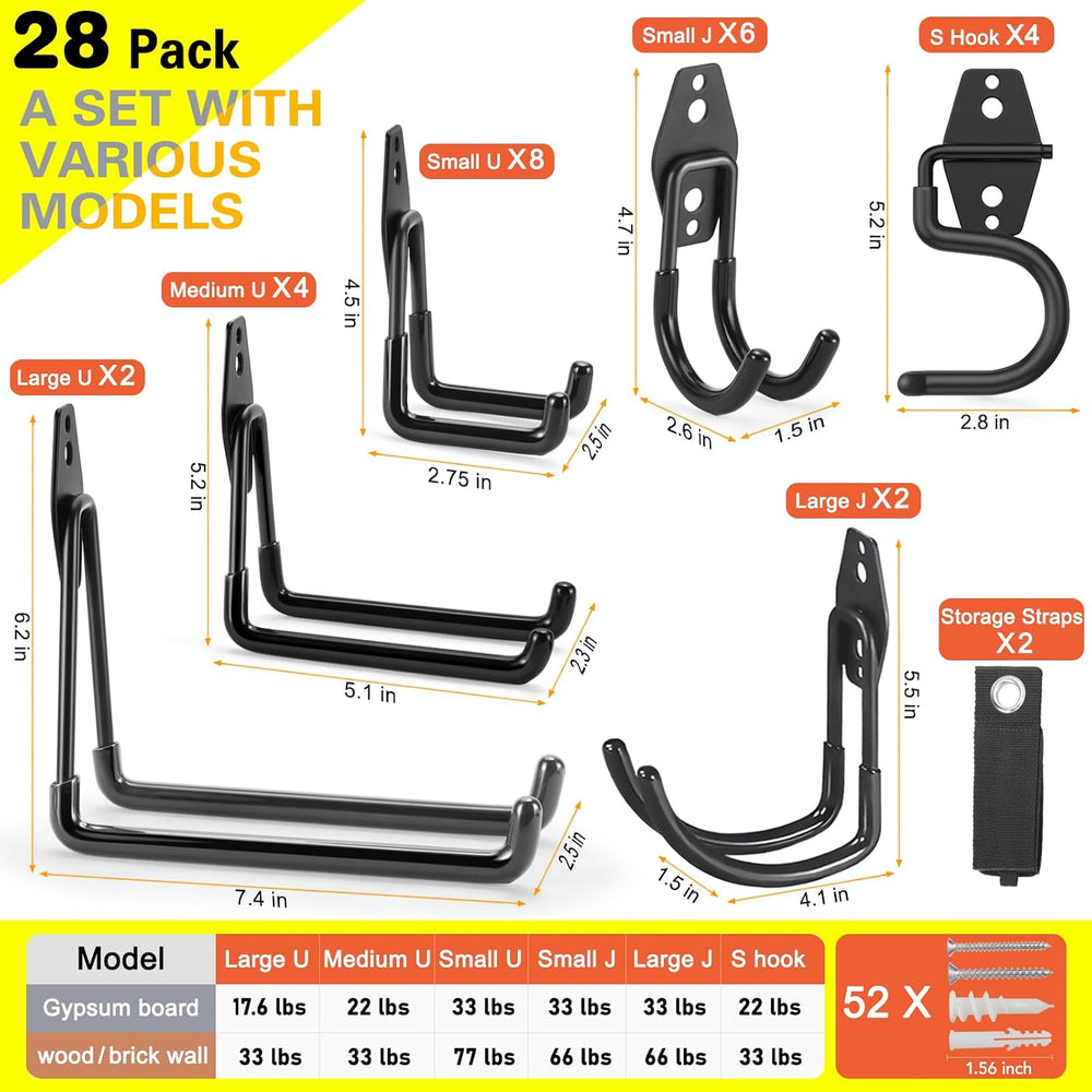 28 Pack Heavy Duty Garage Hooks, Utility Wall Mounted Storage System, with An...