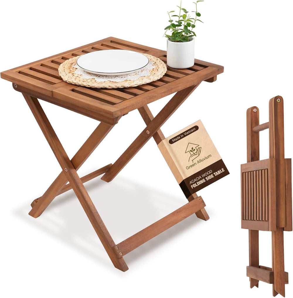 Folding Outdoor Patio & Camping Side Table, Acacia Wood, Golden Teak Finish