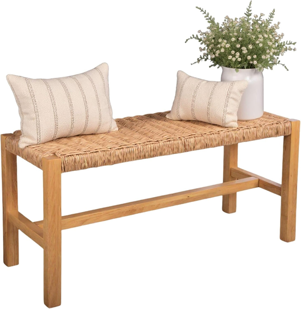 Alaterre Newport Solid Wood Entryway Bench with Woven Rope Seat, Light