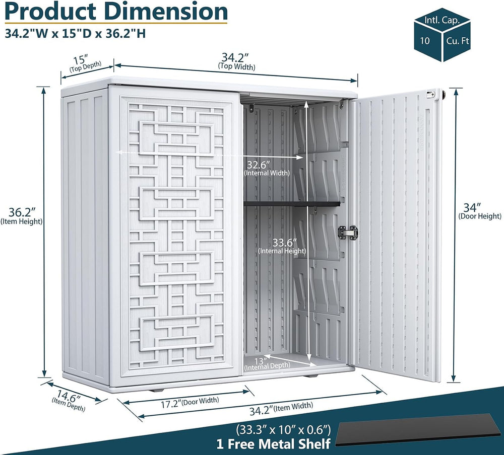 HOMSPARK Indoor/Outdoor Storage Cabinet with Doors and Shelf, 34”x15”x36” HDP...