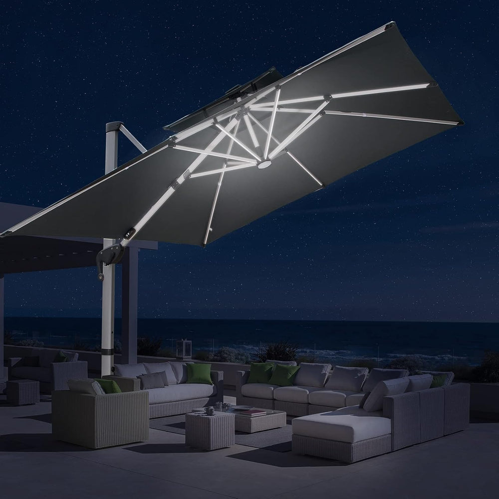10x10 FT Square Cantilever Patio Umbrella with Solar LED Lights and Cross Bas...
