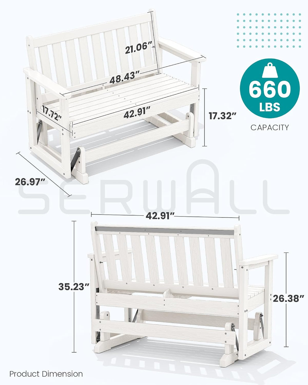 SERWALL 2 Person Patio Glider Bench, HDPE All Weather Swinging Bench, White