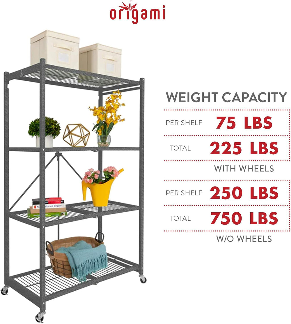 Origami R5 Series Foldable 4-Tier Heavy-Duty Steel Storage Rack, Pewter