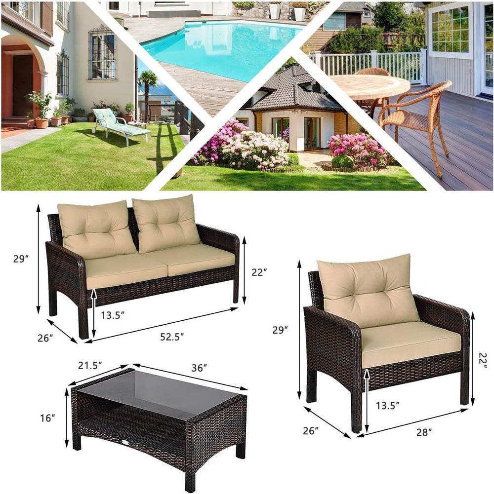 HAPPYGRILL 4-Piece Patio Furniture Outdoor Rattan Wicker Sofa Set with Cushio...