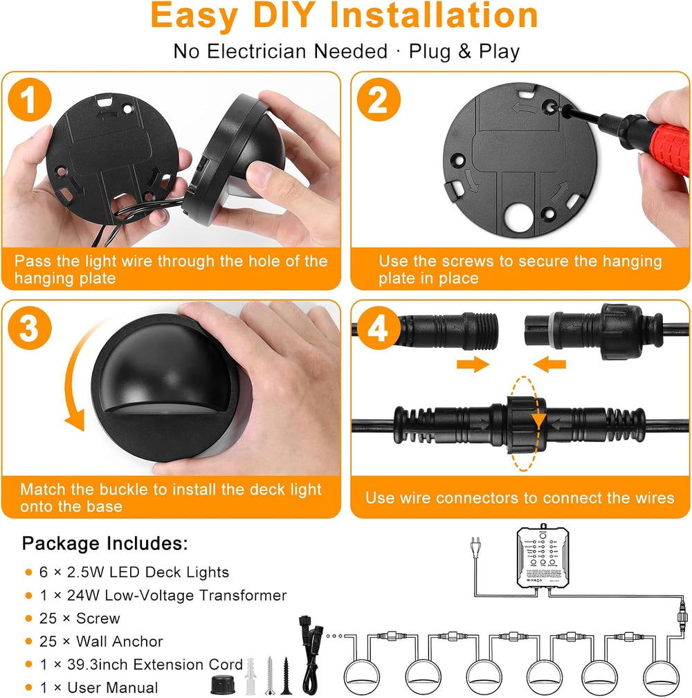 Low Voltage LED Deck Lights Kit with Plug-in Transformer, Dusk-to-Dawn Timer ...