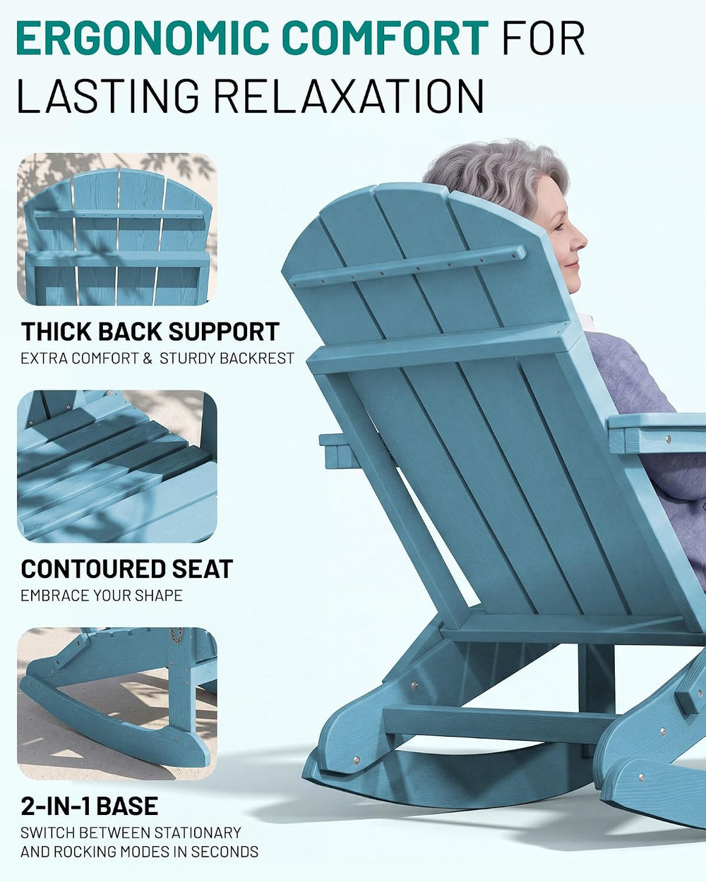 PLUUV Folding Adirondack Rocking Chair with Retractable Ottoman, Aruba