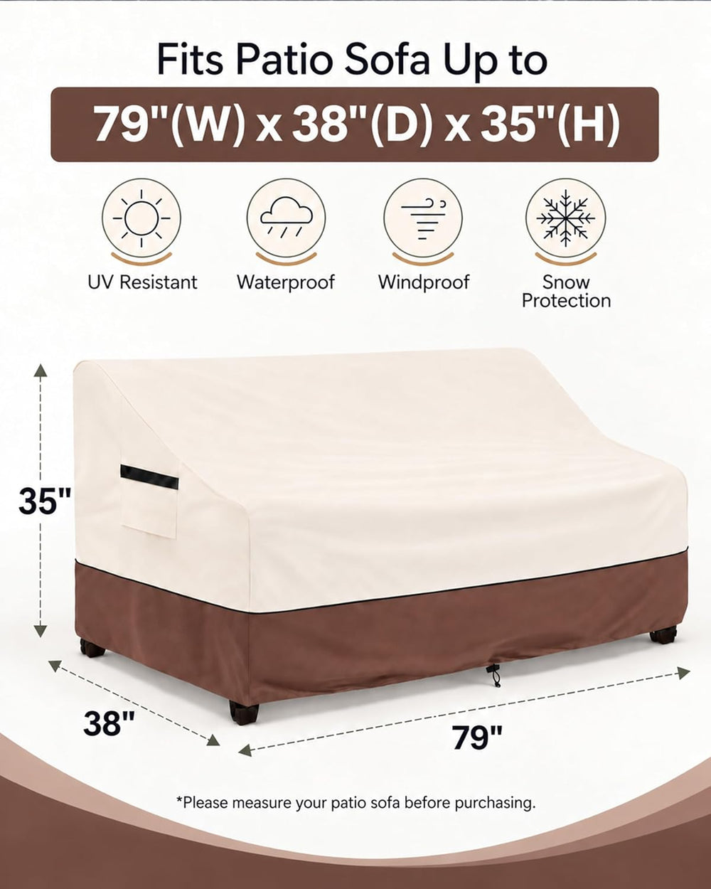Patio 3-Seater Sofa Cover,Outdoor Couch Cover Fits up to 79W x 37D x 35H Inch...