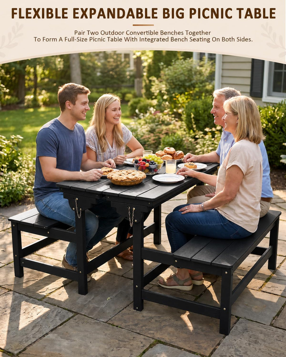 2 in-1 Outdoor Bench, HDPE 2 Person Outside Bench Weatherproof, Black