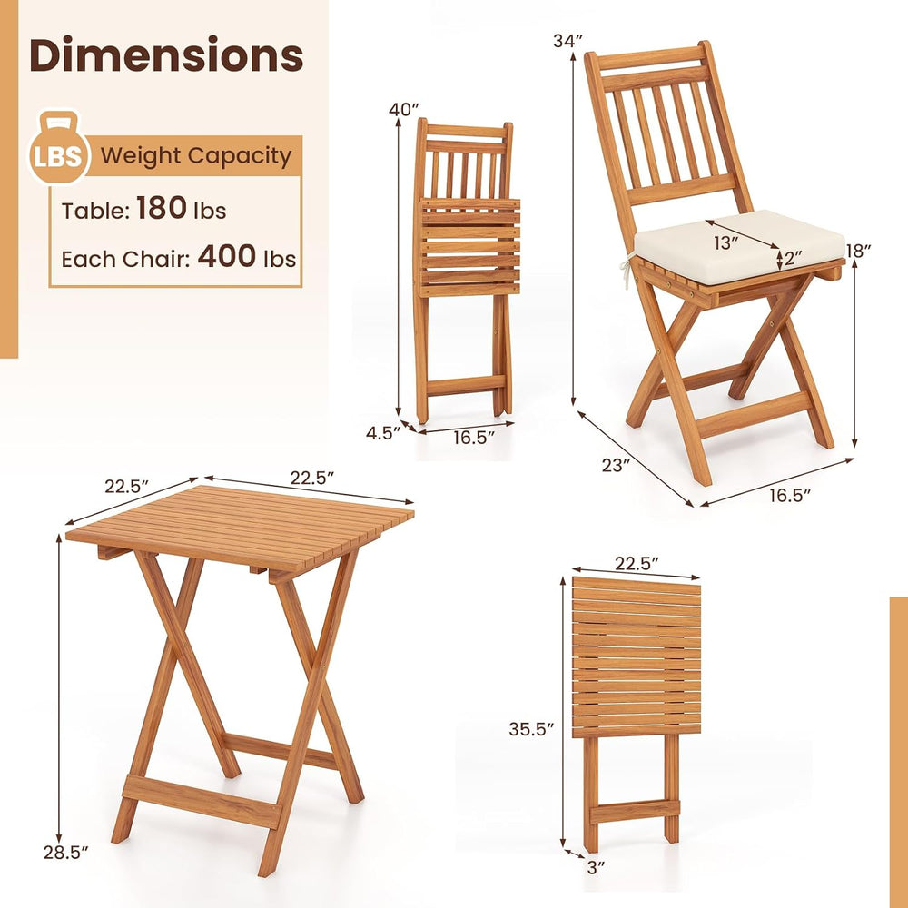 KOTEK Outdoor Folding Bistro Set, 3 Pieces Acacia Wood Bistro Set with Soft C...