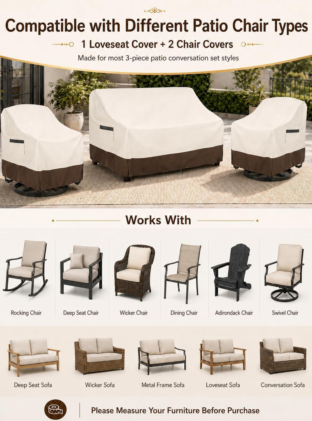 Patio Furniture Covers 3 Piece Set 2 Swivel Chair Covers + Loveseat Cover