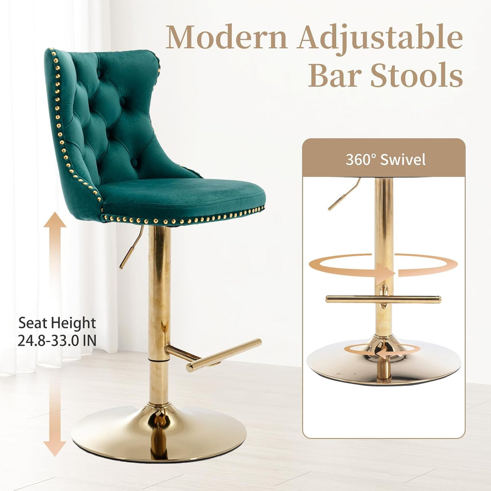 Green Velvet Bar Stools Set of 4, Upholstered Bar Chairs, Gold Bas