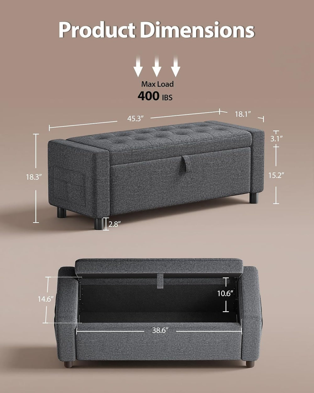 Amada 46" Storage Ottoman Bench, Side Pocket, Safety Hinge, Dark Gray