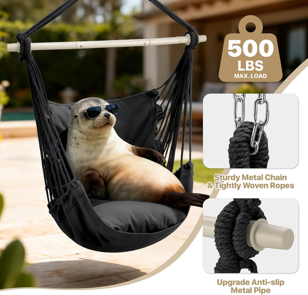 Hammock Chair Hanging Rope Swing w/2 Cushions, Hold 350lbs, Black