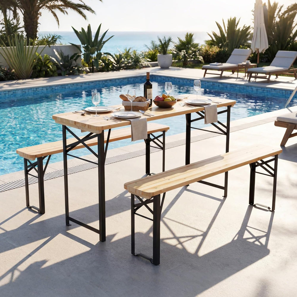 Tangkula 3 Piece Folding Picnic Table with 2 Benches, Foldable Wood Picnic Ta...