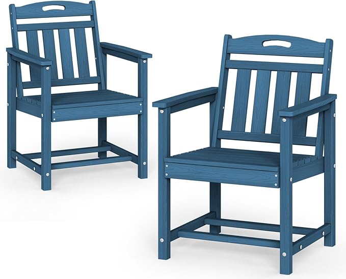 Set of 2 Weatherproof Patio Chairs - HDPE Outdoor Dining Chairs with Wide Sea...
