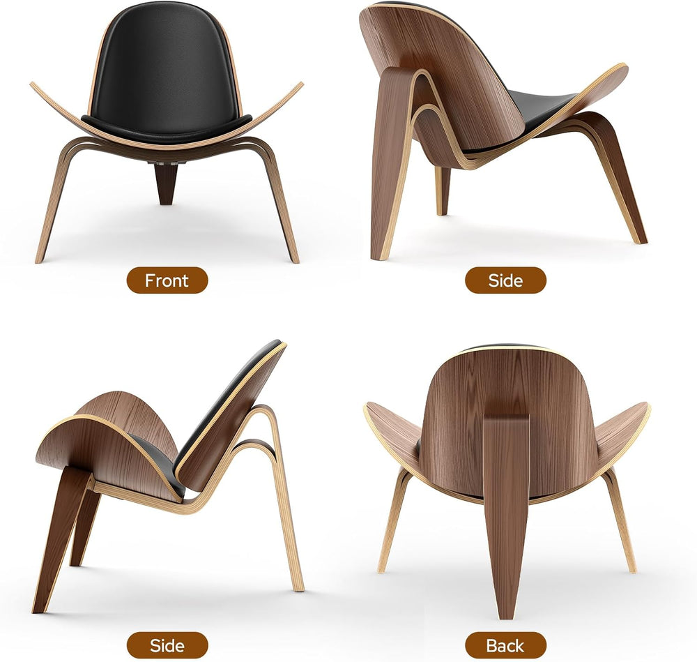 Mid Century Modern Shell Lounge Chair in Walnut & PU Leather