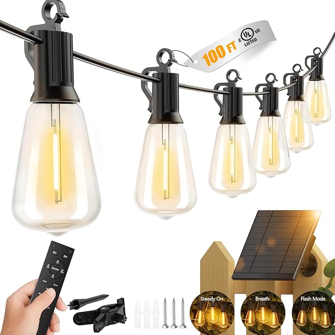 Brightown 100FT Solar String Lights Outdoor Waterproof with Remote, 31+2 LED ...