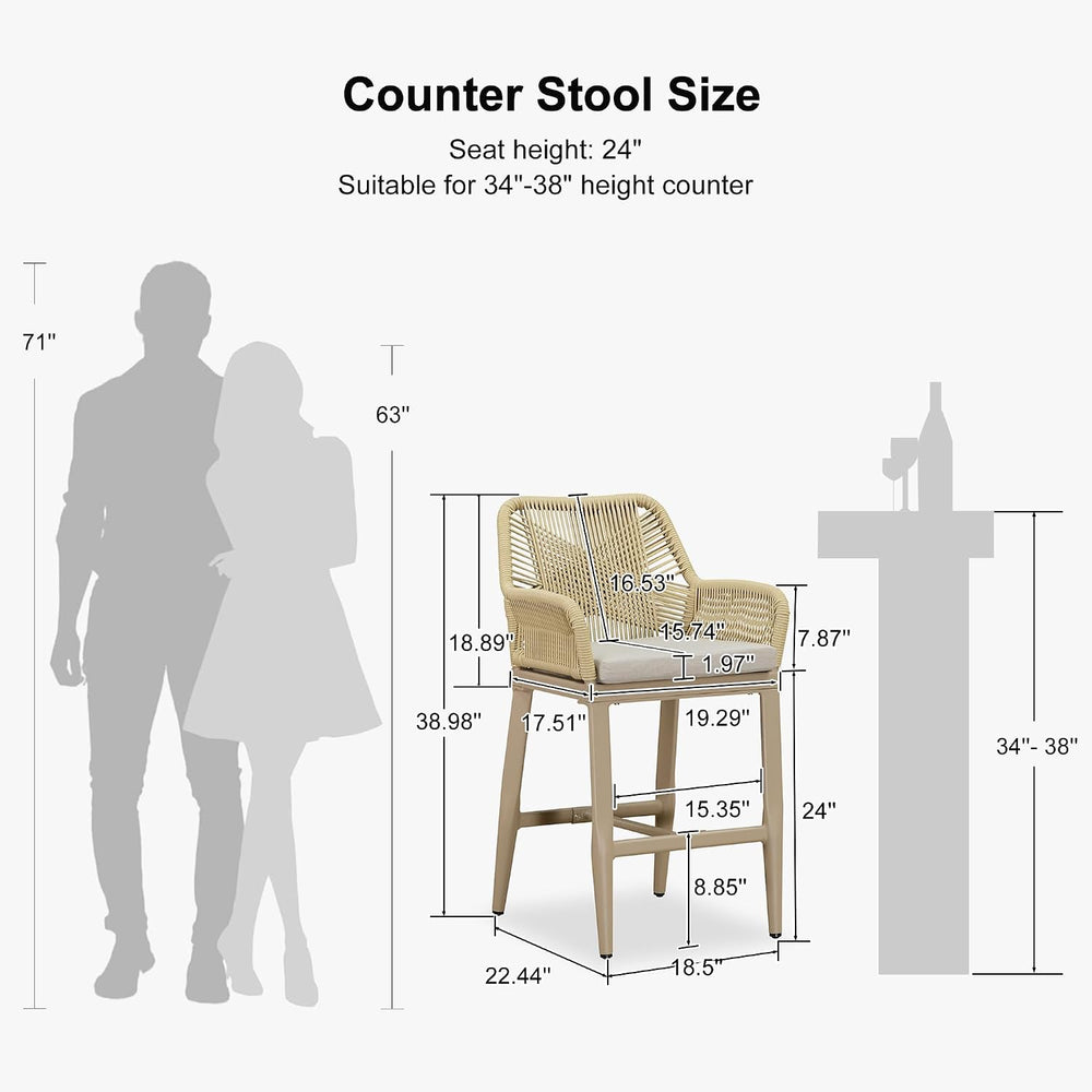 PURPLE LEAF 24" Outdoor Bar Stools Set of 2 All Weather Rattan, Champagne