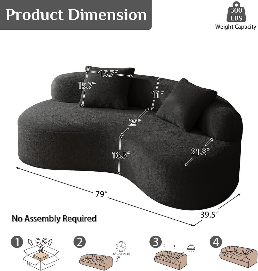 79" Curved Loveseat, Boneless Deep Seat Boucle Cloud Sofa, Black