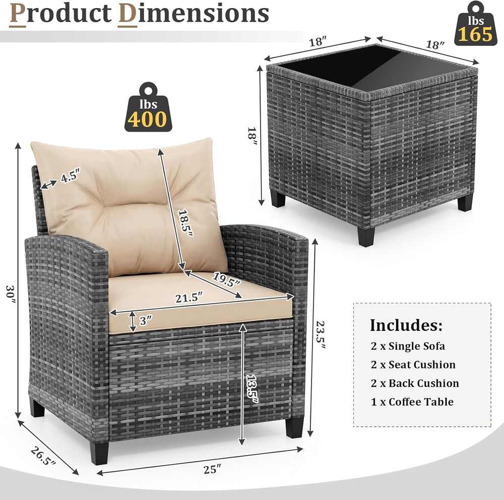 KOTEK 3 Piece Patio Furniture Set, Outdoor PE Rattan Conversation Set with Wa...