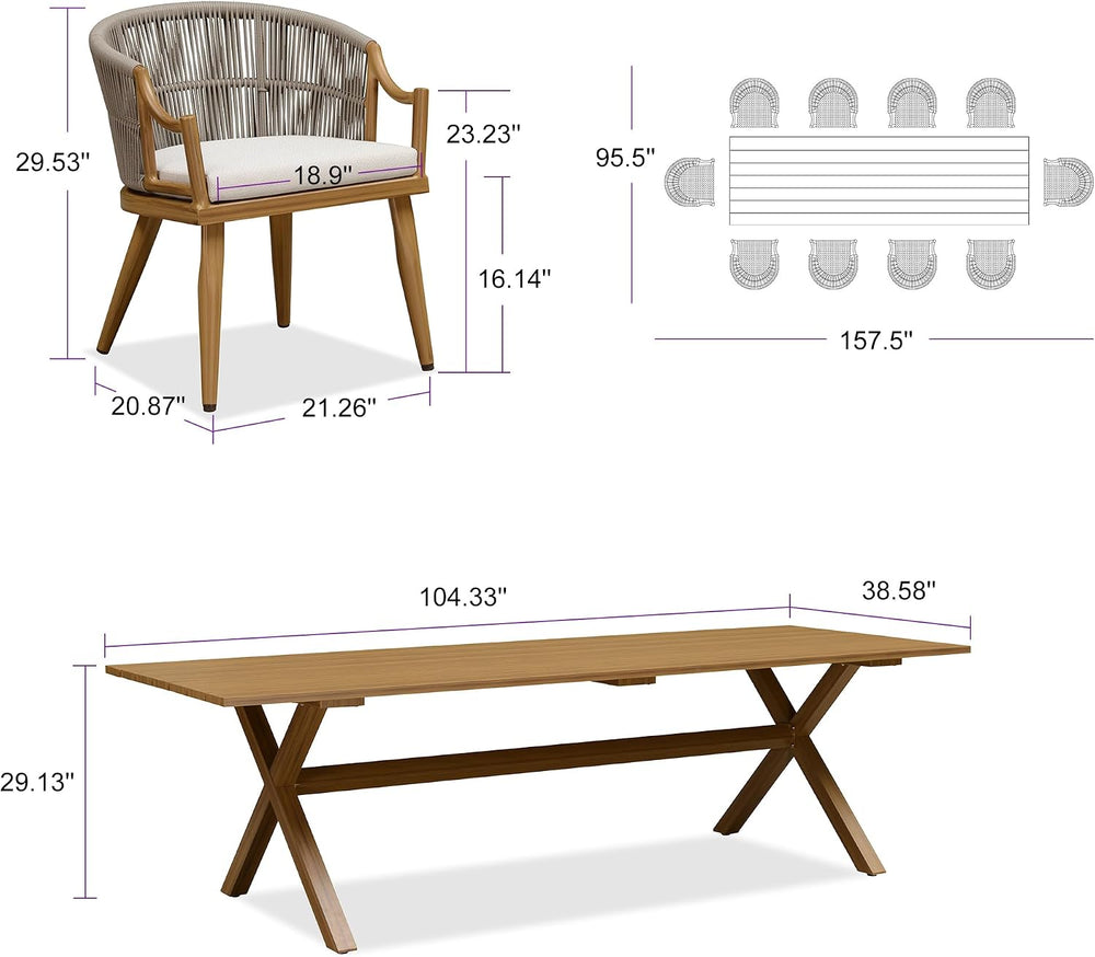 PURPLE LEAF Outdoor Dining Set for 10 Modern Furniture Set w/Cushions, Teak