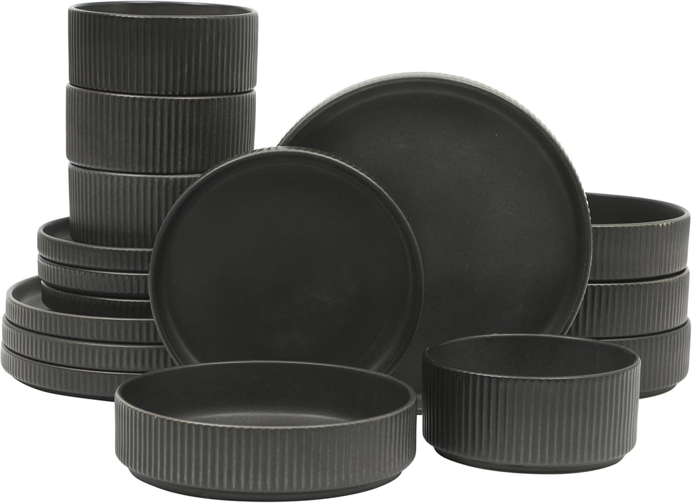 Gibson Elite Deerfield 16-Piece Stoneware Dinnerware Set – Matte Black Reacti...