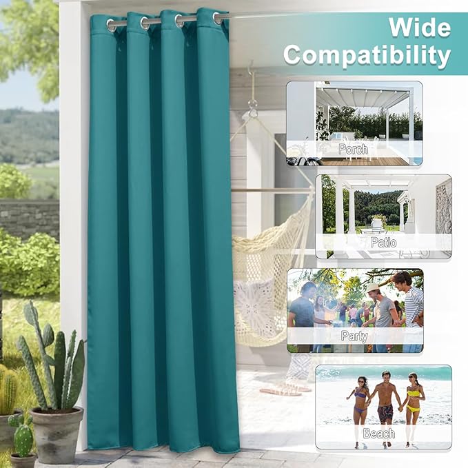 NICETOWN 2 Panels Peacock Teal Outdoor Curtains for Patio Waterproof 108"...