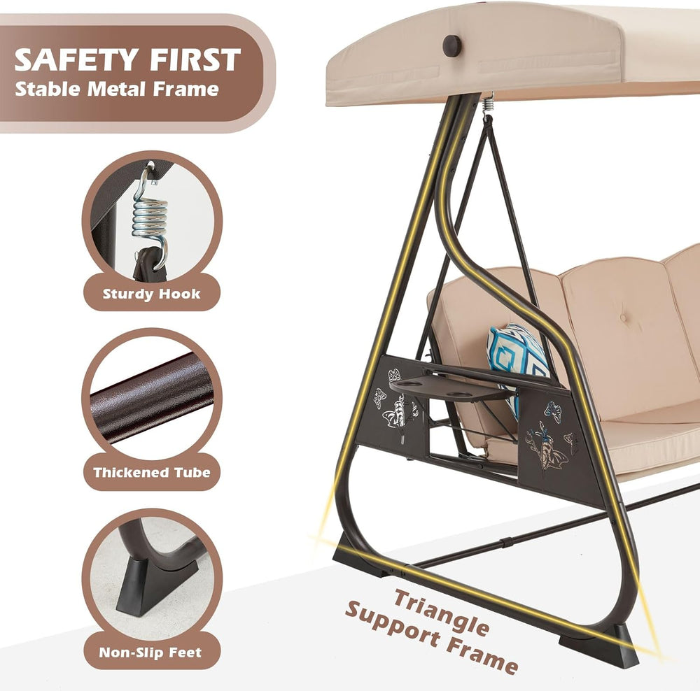 3-Seat Patio Porch Swing 800LBS Outdoor Swing with Stand w/Canopy & Adjus...