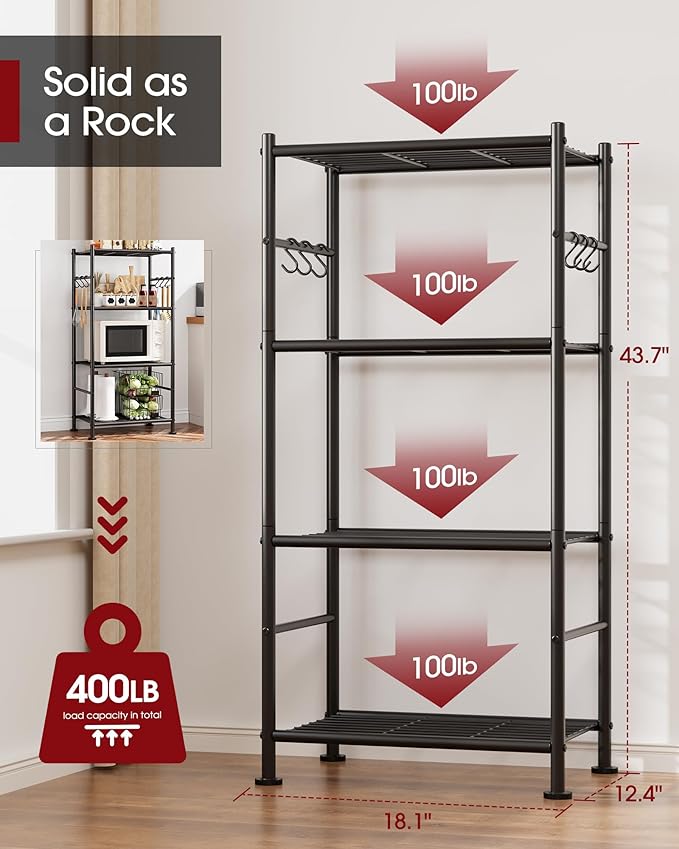 Storage Shelves - 4-Tier Large Capacity Shelf Organizer with Hooks, Heavy-Dut...